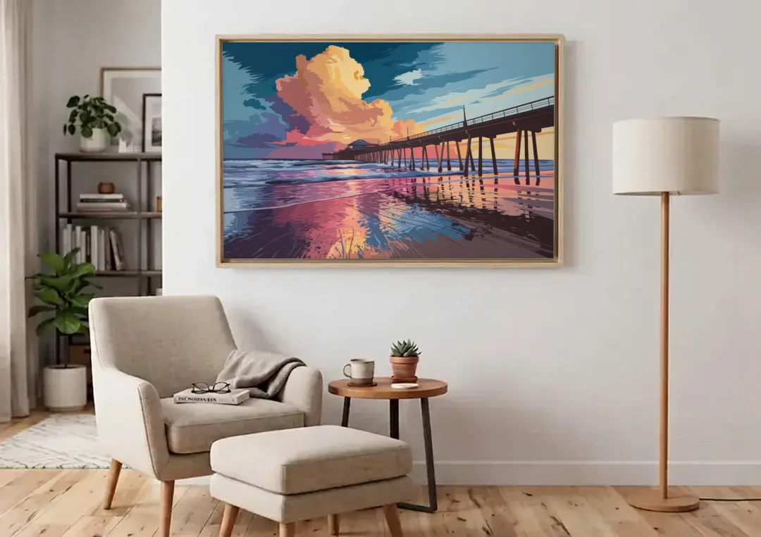 Huntington Beach Sunrise Views canvas wall art above an armchair in a bright living room