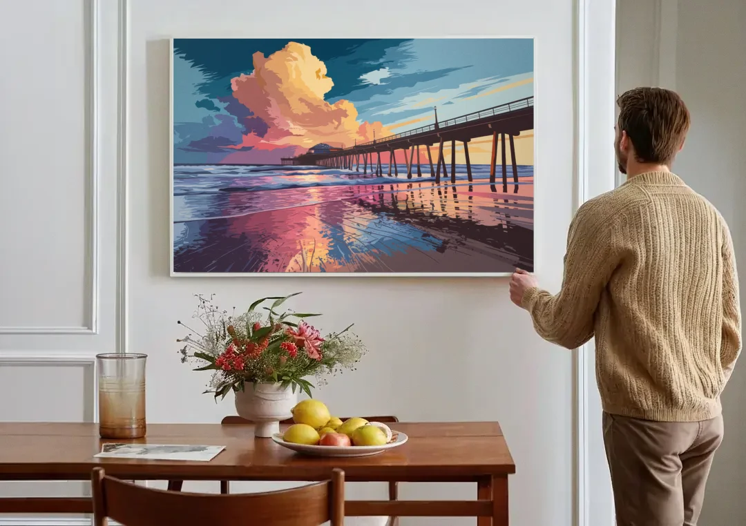 Huntington Beach Sunrise Views canvas wall art above a dining table
