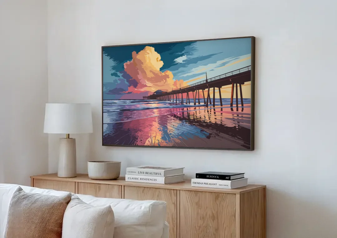 Huntington Beach Sunrise Views canvas wall art above a wooden sideboard next to a sofa