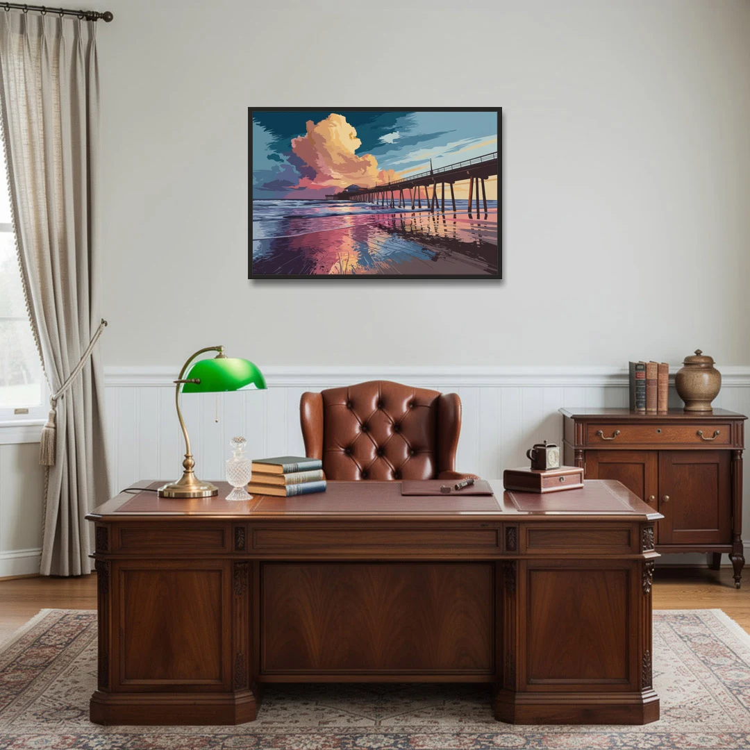 Huntington Beach Sunrise Views - Black Framed Canvas Wall Art - Office - 36x24