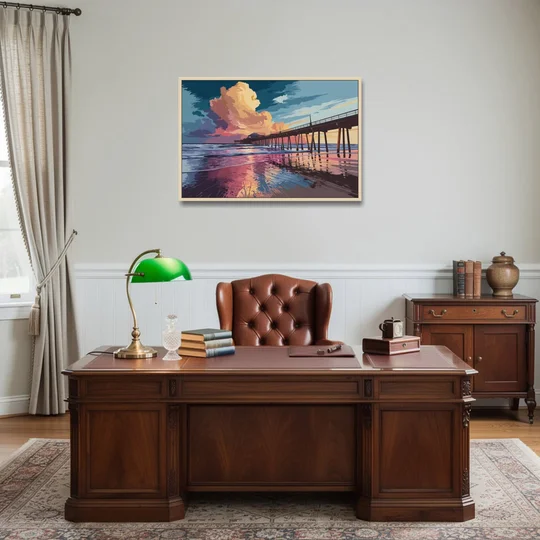 Huntington Beach Sunrise Views - Oak Framed Canvas Wall Art - Office - 36x24
