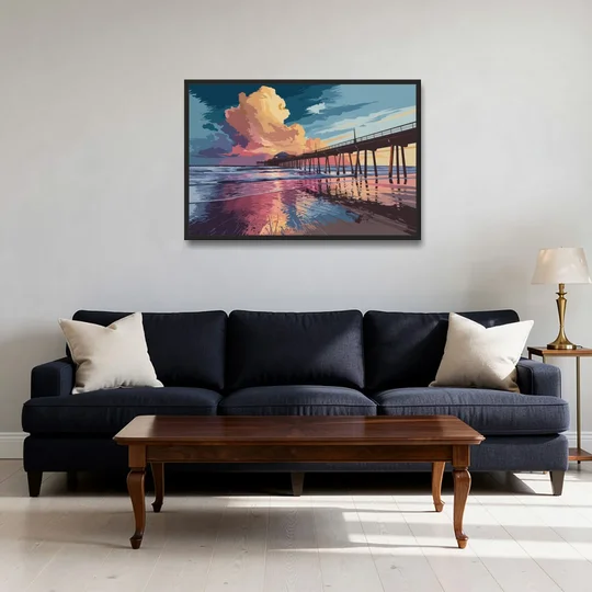 Huntington Beach Sunrise Views - Black Framed Canvas Wall Art - Sofa - 36x24