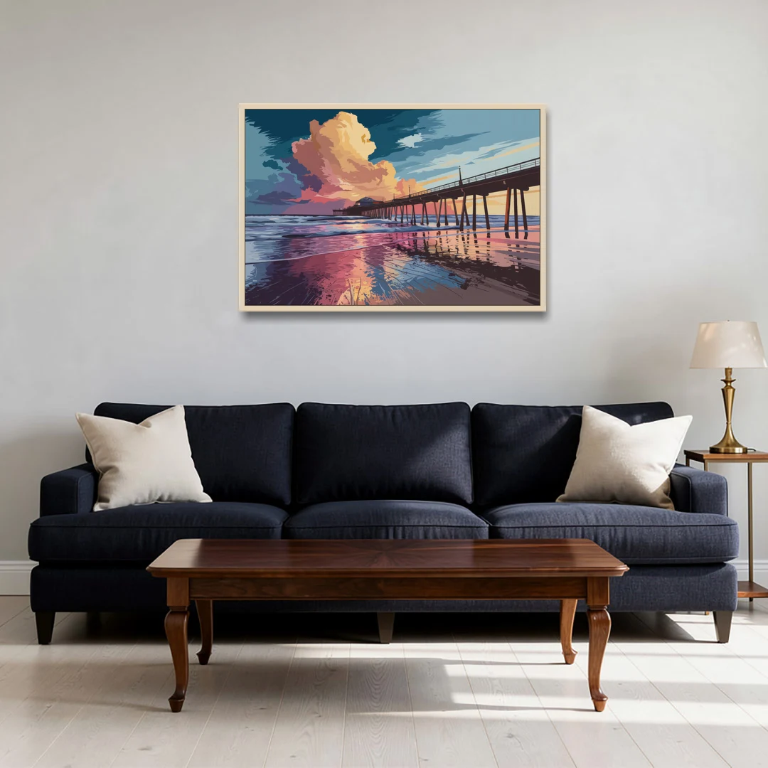 Huntington Beach Sunrise Views - Oak Framed Canvas Wall Art - Sofa - 36x24