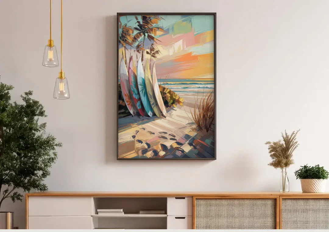 Huntington Beach Surfboards canvas wall art above a wooden sideboard under pendant lights