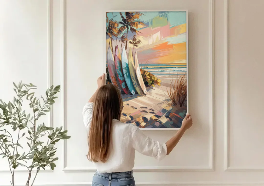 Huntington Beach Surfboards canvas wall art being hung on a paneled wall