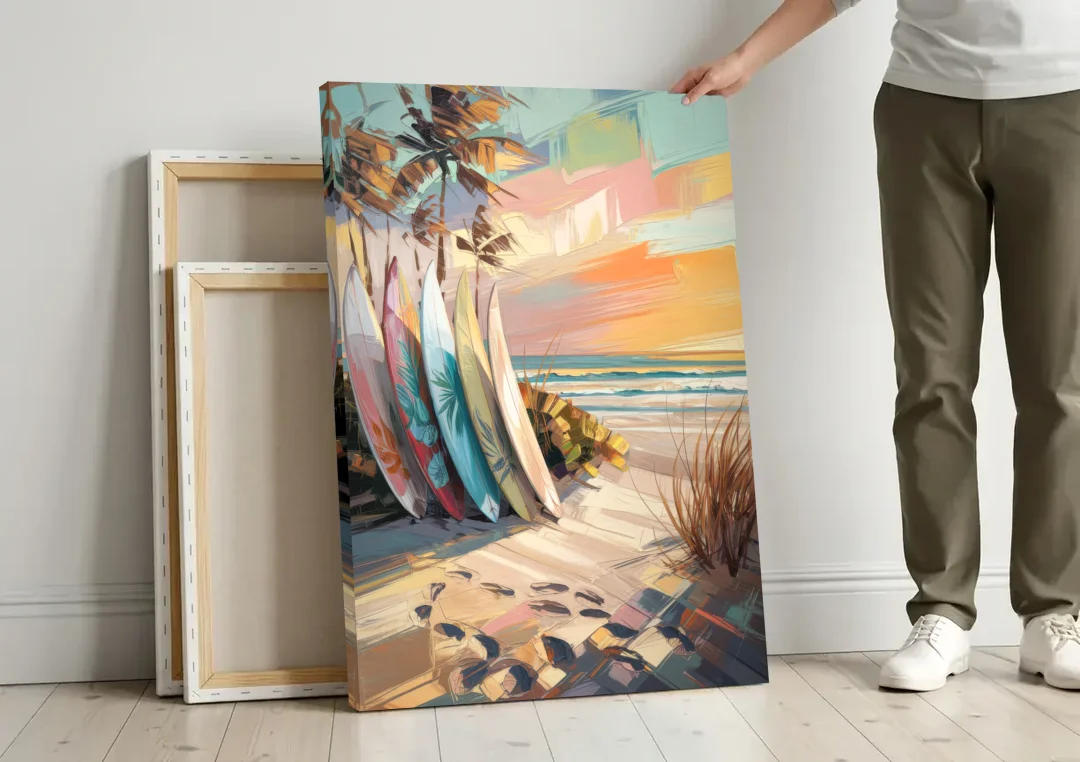 Huntington Beach Surfboards canvas wall art leaning against a wall next to blank canvases