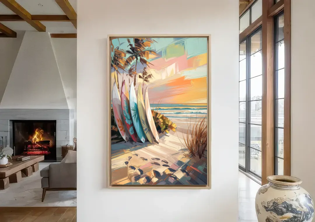 Huntington Beach Surfboards canvas wall art in a living room with a fireplace