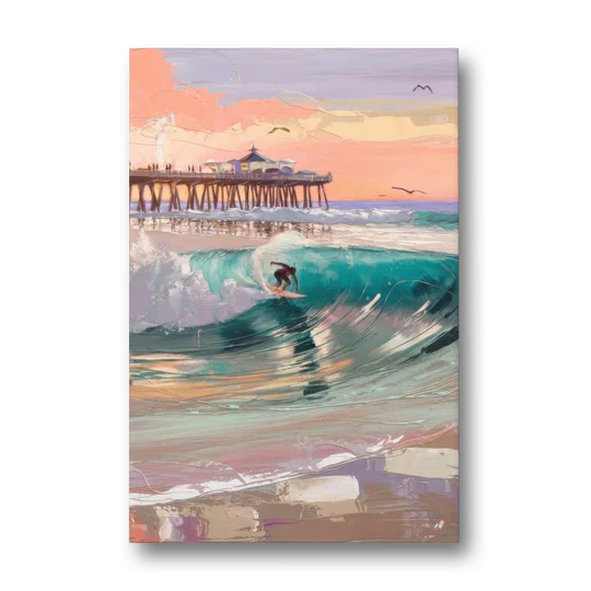 Huntington Beach Surfing Scene - Canvas Wall Art - Front