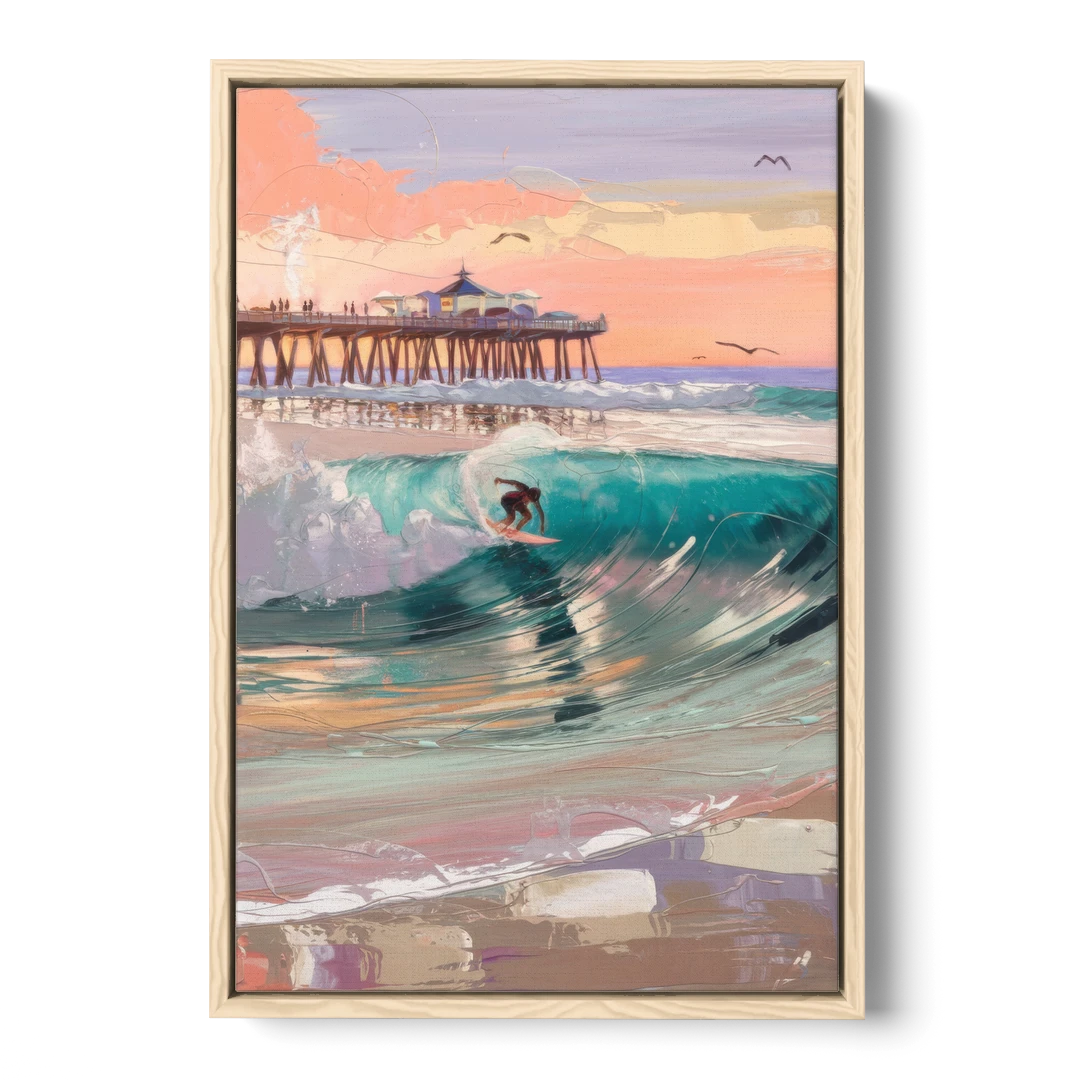 Huntington Beach Surfing Scene - Oak Framed Canvas Wall Art - Front