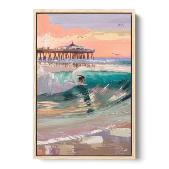 Huntington Beach Surfing Scene - Oak Framed Canvas Wall Art - Front