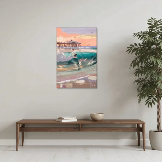 Huntington Beach Surfing Scene - Canvas Wall Art - Coffee Table - 24x36