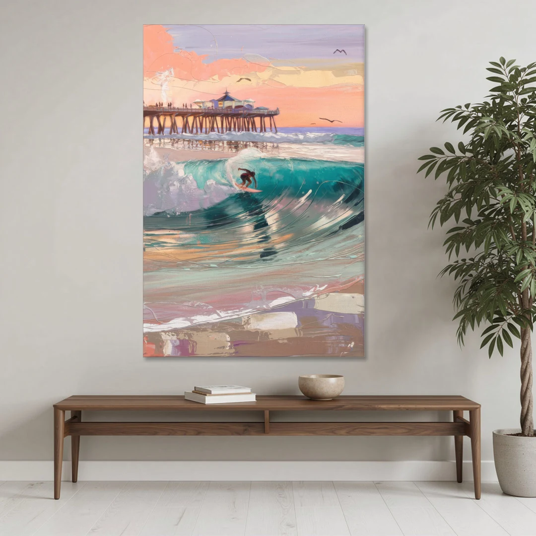 Huntington Beach Surfing Scene - Canvas Wall Art - Coffee Table - 40x60