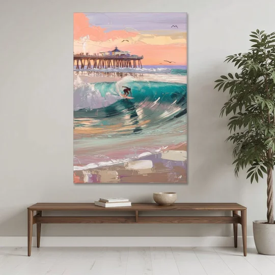 Huntington Beach Surfing Scene - Canvas Wall Art - Coffee Table - 40x60