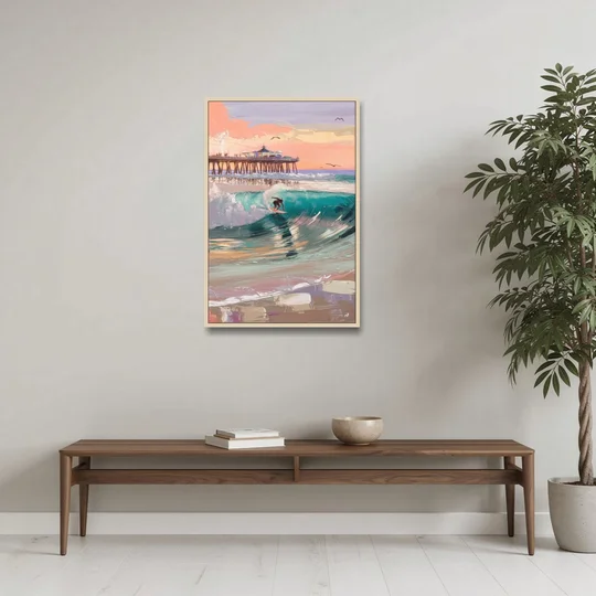 Huntington Beach Surfing Scene - Oak Framed Canvas Wall Art - Coffee Table - 24x36