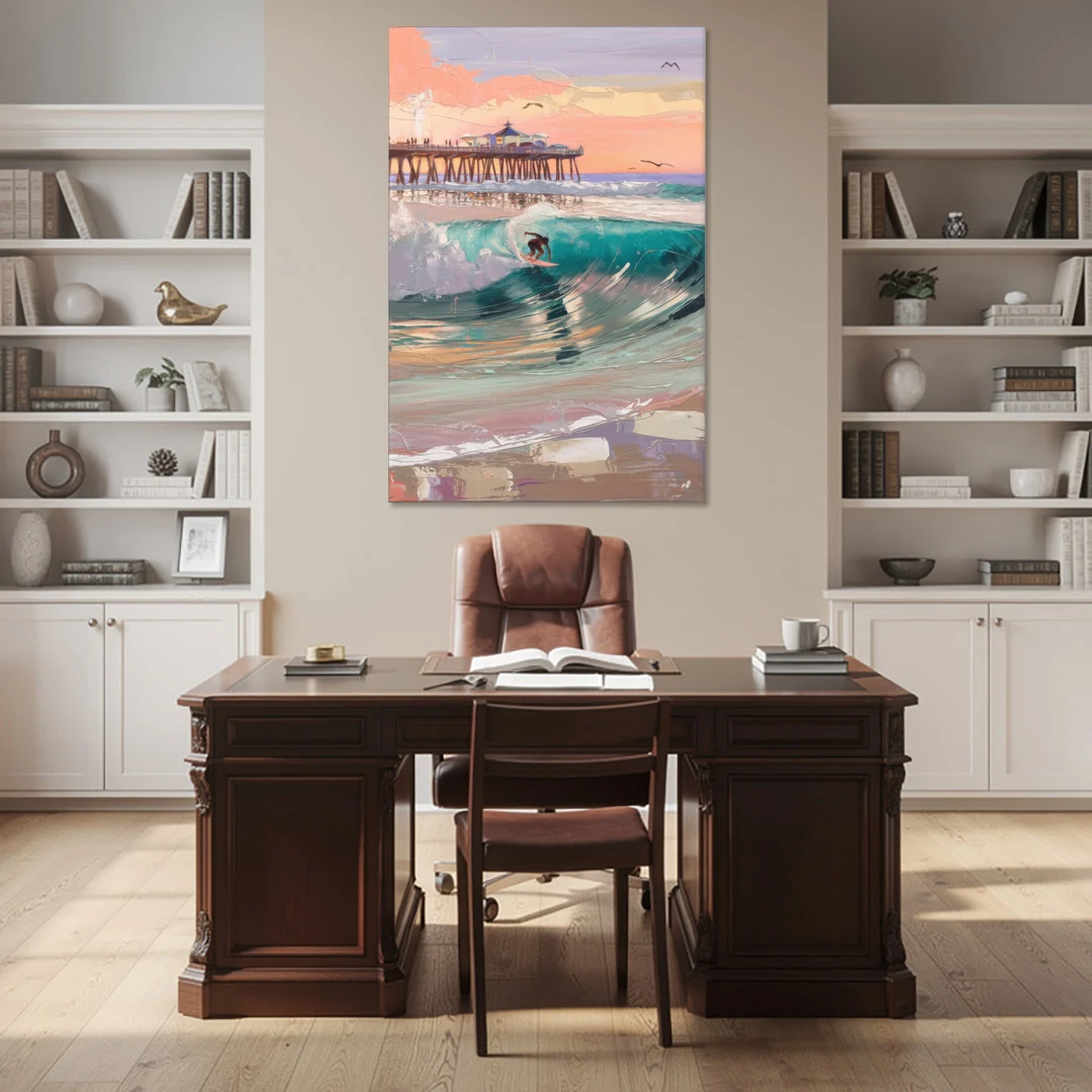 Huntington Beach Surfing Scene - Canvas Wall Art - Office - 40x60