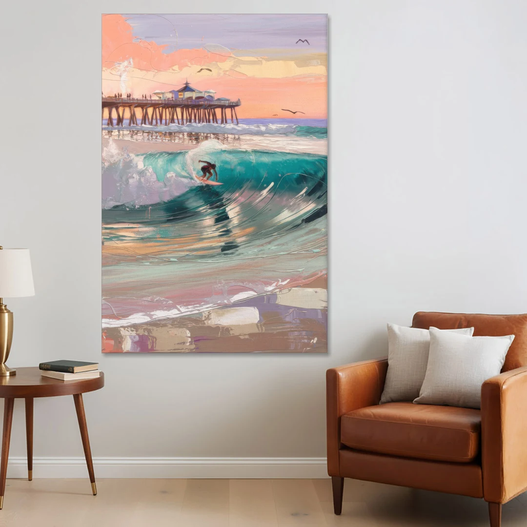 Huntington Beach Surfing Scene - Canvas Wall Art - Sofa - 40x60