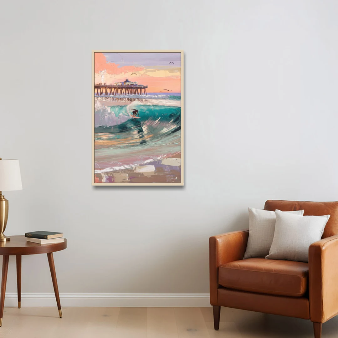 Huntington Beach Surfing Scene - Oak Framed Canvas Wall Art - Sofa - 24x36