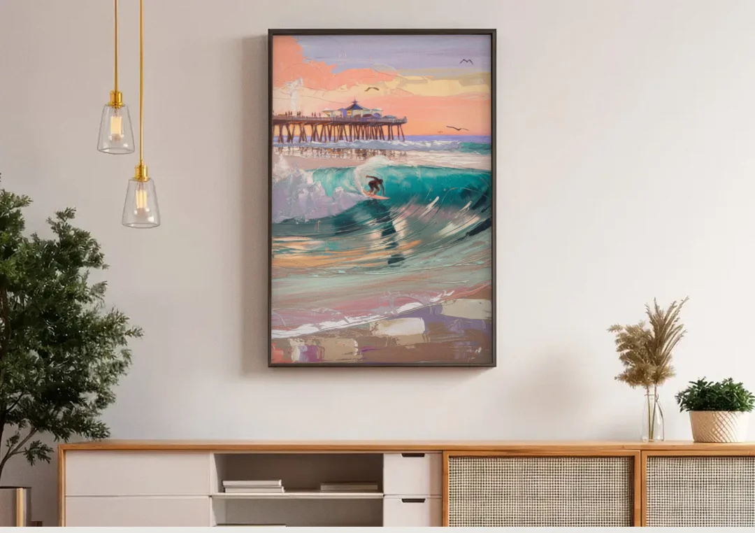 Huntington Beach Surfing Scene canvas wall art above a wooden sideboard under pendant lights