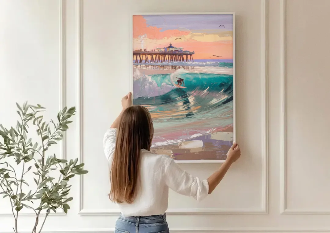 Huntington Beach Surfing Scene canvas wall art being hung on a paneled wall