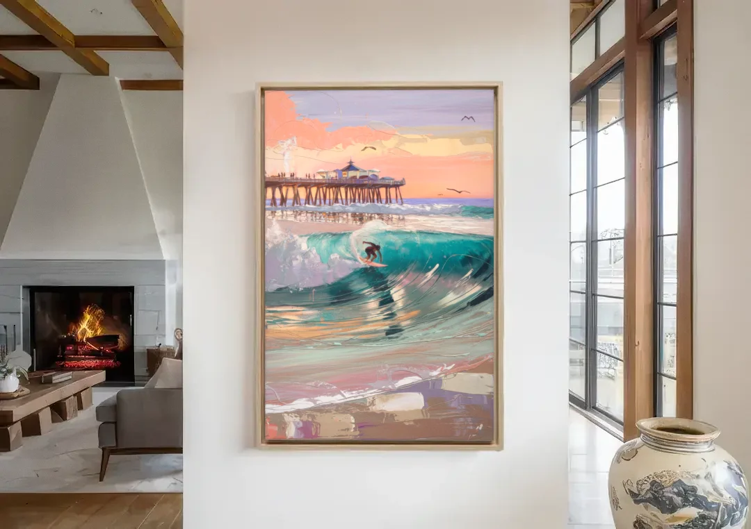Huntington Beach Surfing Scene canvas wall art in a living room with a fireplace