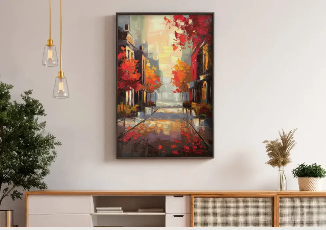 Huntsville Autumn Foliage Charm canvas wall art above a wooden sideboard under pendant lights