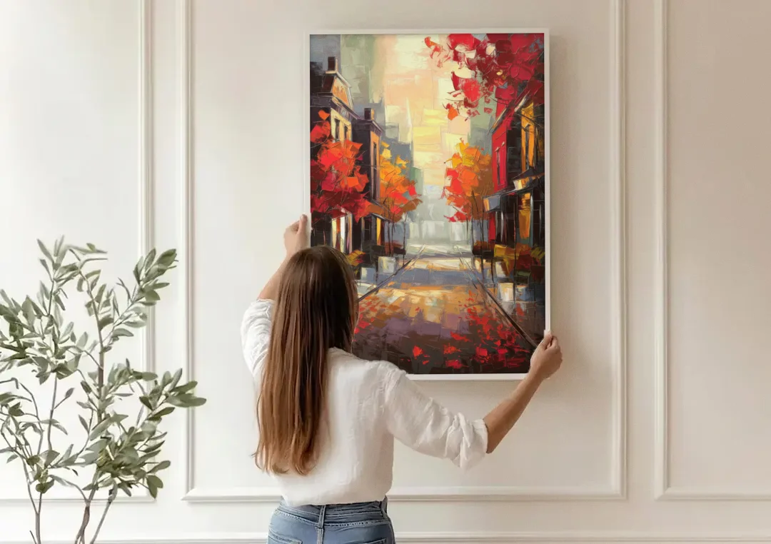 Huntsville Autumn Foliage Charm canvas wall art being hung on a paneled wall