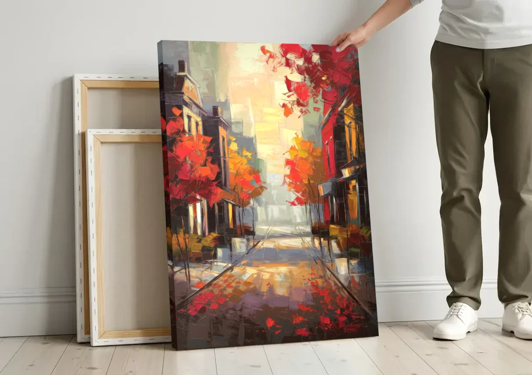 Huntsville Autumn Foliage Charm canvas wall art leaning against a wall next to blank canvases