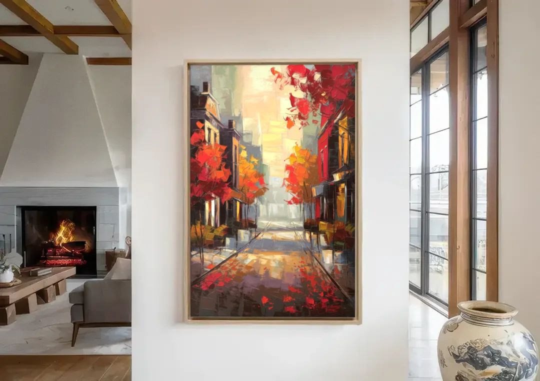 Huntsville Autumn Foliage Charm canvas wall art in a living room with a fireplace