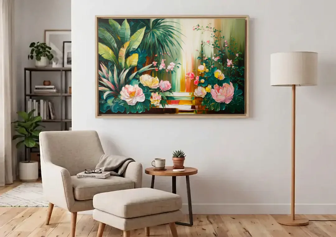 Huntsville Botanical Garden Bliss canvas wall art above an armchair in a bright living room