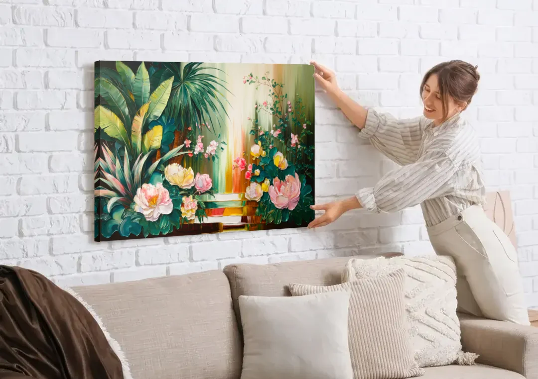 Huntsville Botanical Garden Bliss canvas wall art being hung on a white brick wall above a sofa