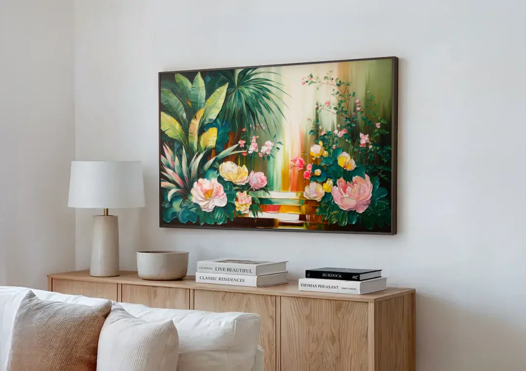 Huntsville Botanical Garden Bliss canvas wall art above a wooden sideboard next to a sofa
