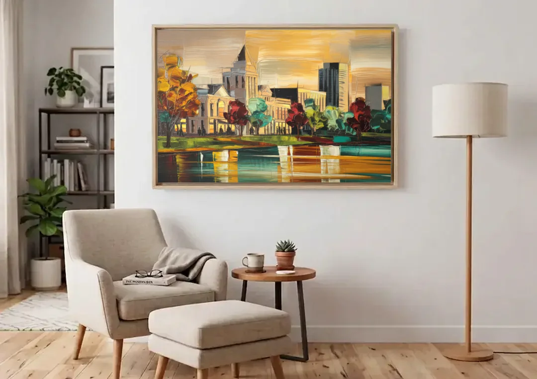 Huntsville Historic Downtown canvas wall art above an armchair in a bright living room