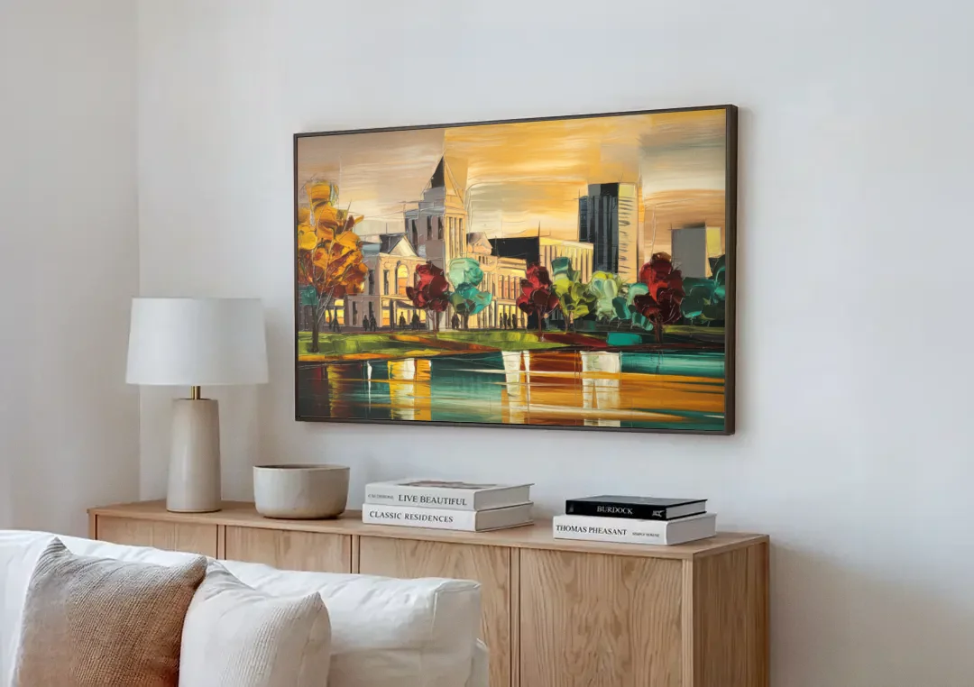 Huntsville Historic Downtown canvas wall art above a wooden sideboard next to a sofa