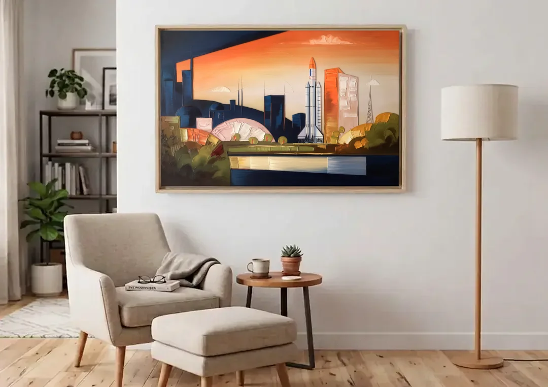 Huntsville Modern Cityscape canvas wall art above an armchair in a bright living room