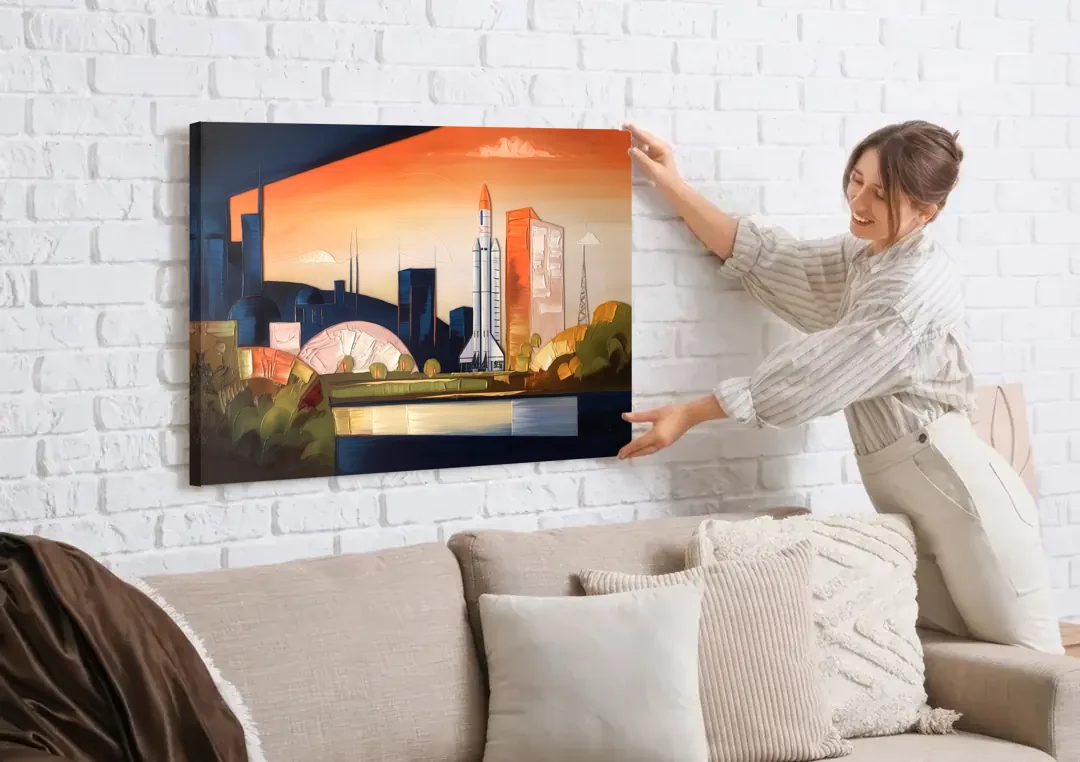 Huntsville Modern Cityscape canvas wall art being hung on a white brick wall above a sofa