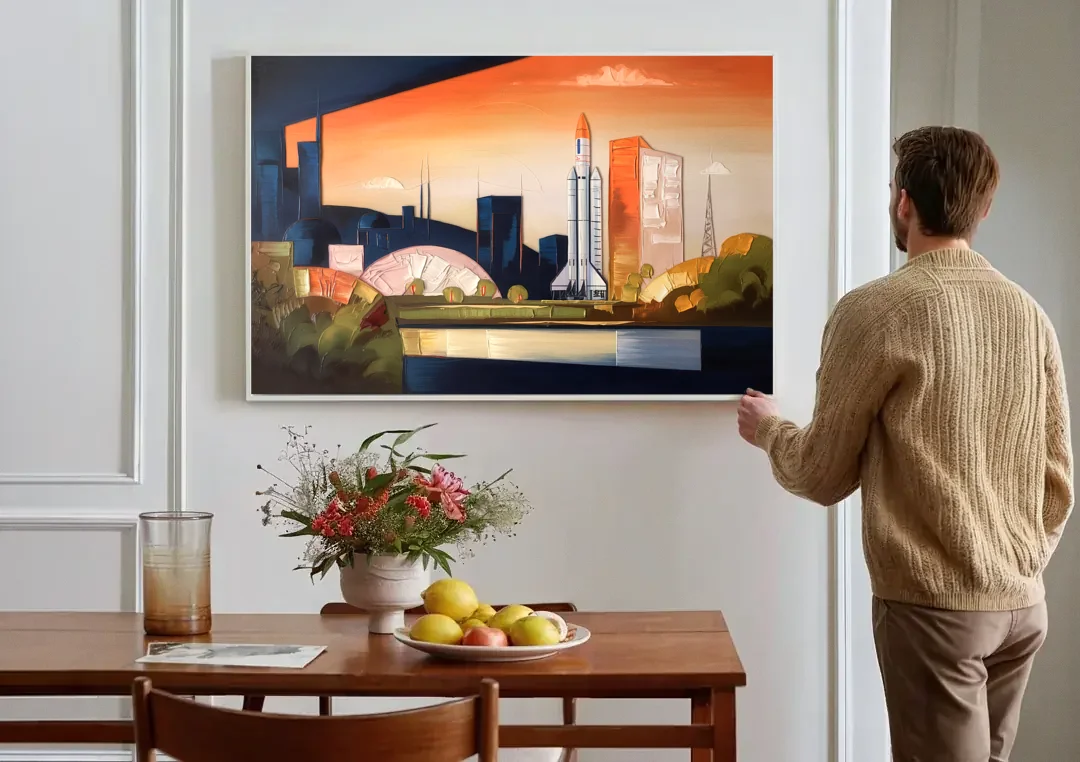 Huntsville Modern Cityscape canvas wall art above a dining table