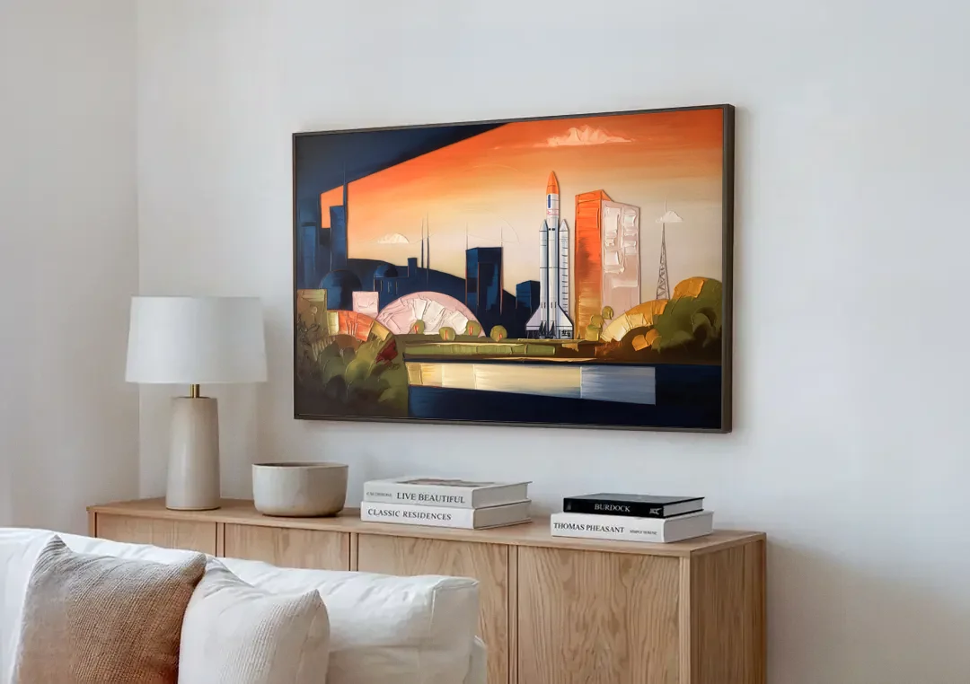 Huntsville Modern Cityscape canvas wall art above a wooden sideboard next to a sofa