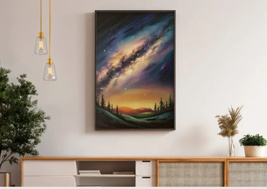 Huntsville Night Sky Astronomy canvas wall art above a wooden sideboard under pendant lights