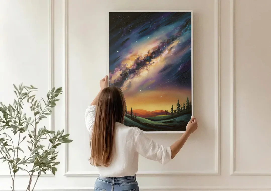 Huntsville Night Sky Astronomy canvas wall art being hung on a paneled wall