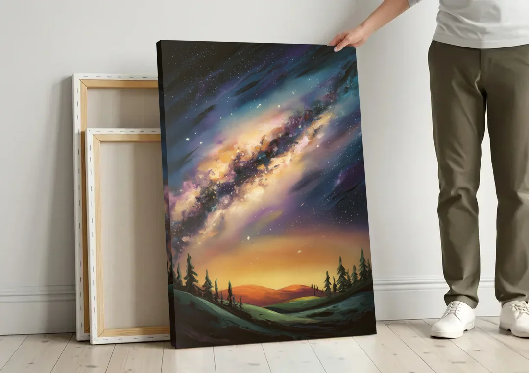 Huntsville Night Sky Astronomy canvas wall art leaning against a wall next to blank canvases