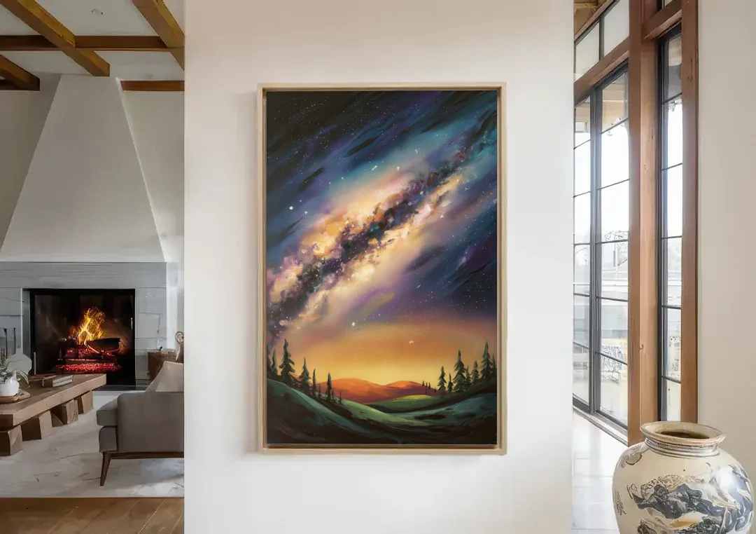 Huntsville Night Sky Astronomy canvas wall art in a living room with a fireplace