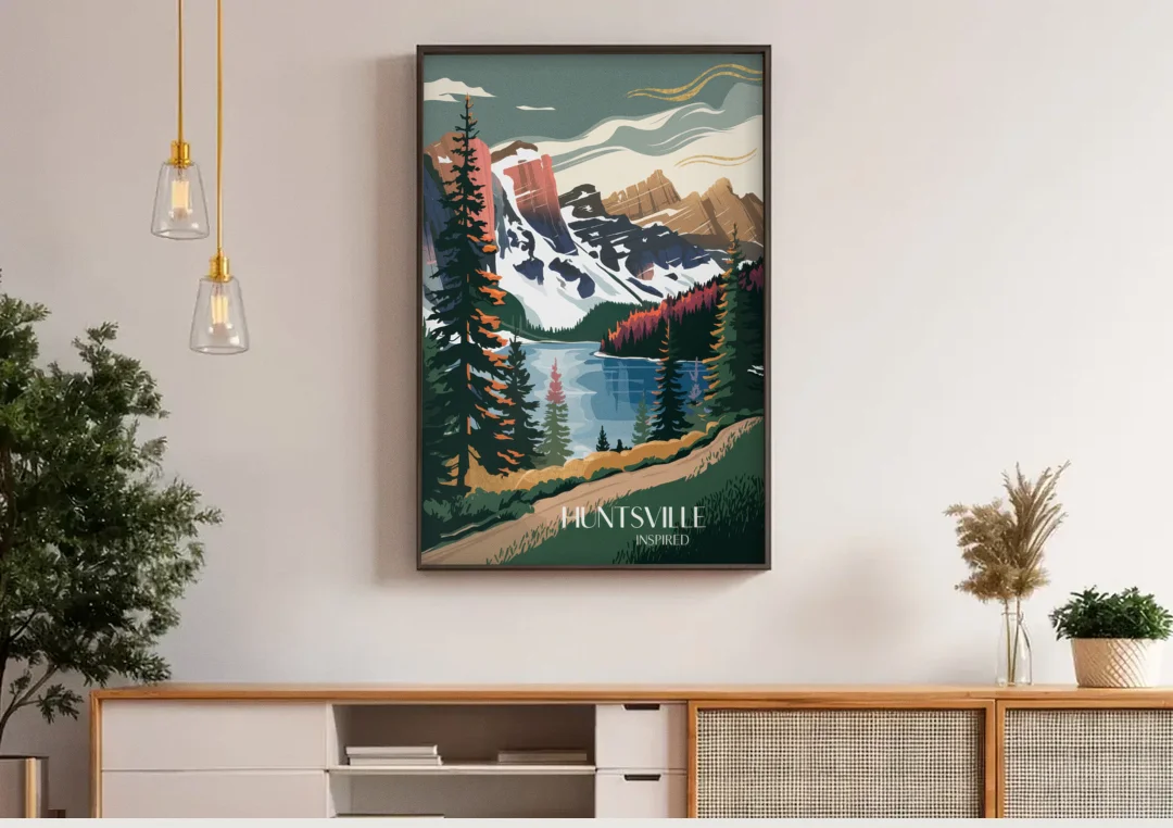 Huntsville Scenic Mountain View canvas wall art above a wooden sideboard under pendant lights