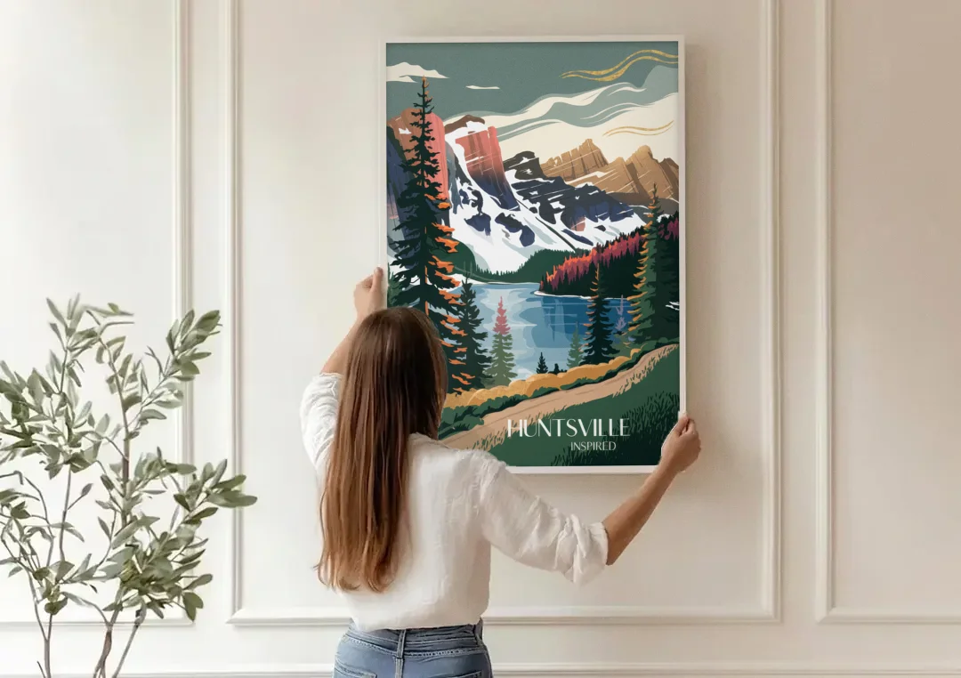 Huntsville Scenic Mountain View canvas wall art being hung on a paneled wall