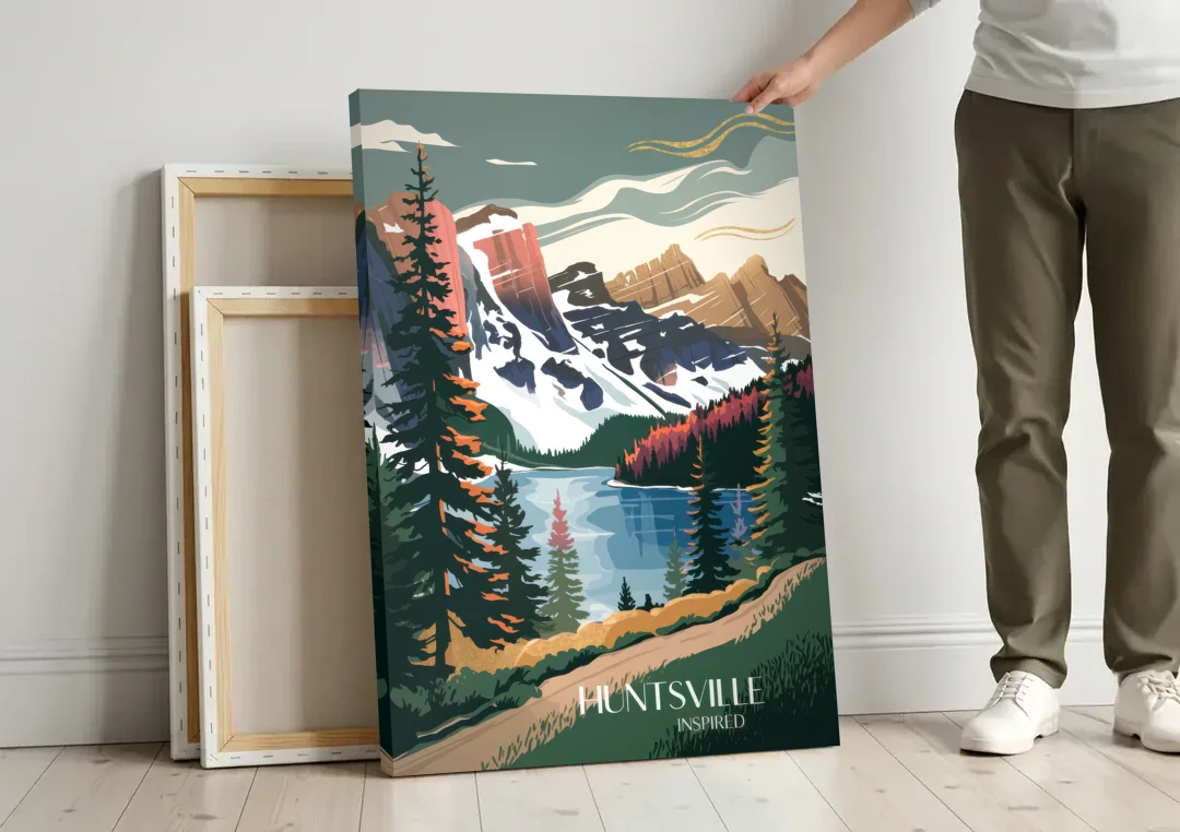 Huntsville Scenic Mountain View canvas wall art leaning against a wall next to blank canvases