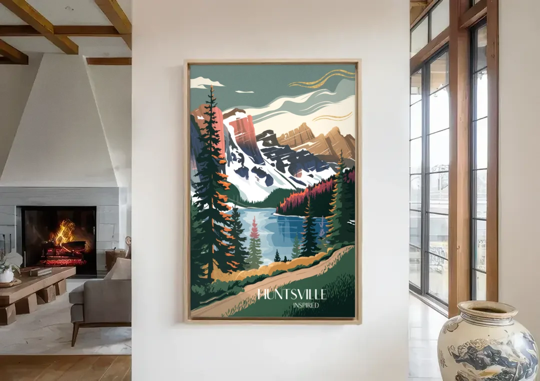Huntsville Scenic Mountain View canvas wall art in a living room with a fireplace
