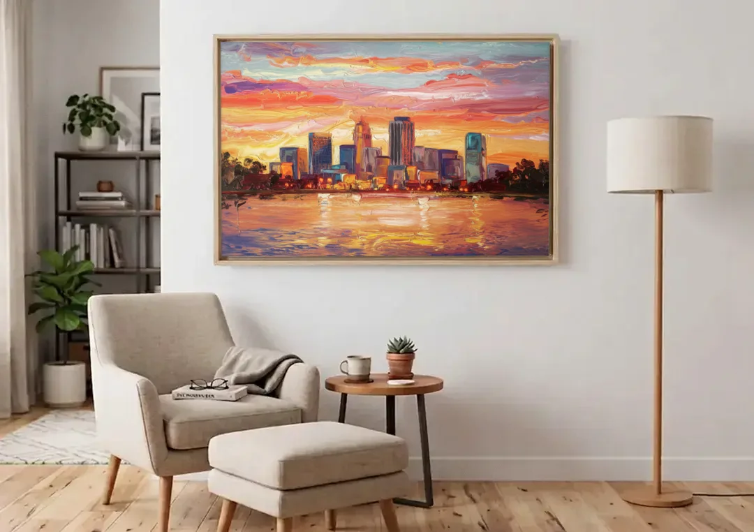 Huntsville Skyline At Sunset canvas wall art above an armchair in a bright living room