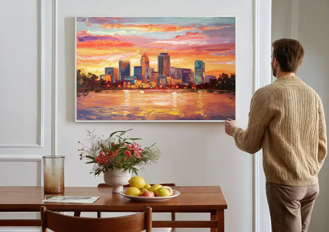 Huntsville Skyline At Sunset canvas wall art above a dining table