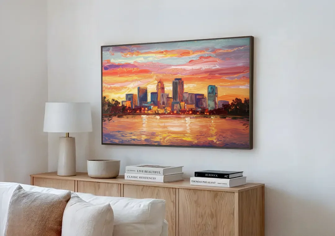 Huntsville Skyline At Sunset canvas wall art above a wooden sideboard next to a sofa