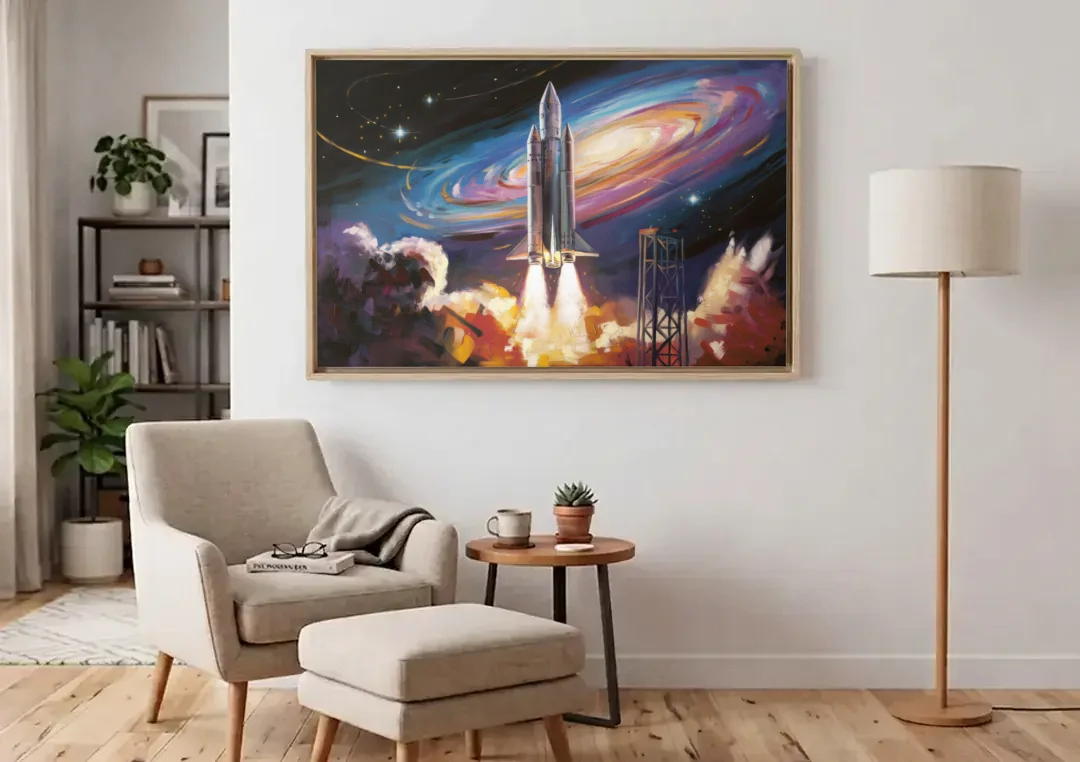 Huntsville Space Center Tribute canvas wall art above an armchair in a bright living room