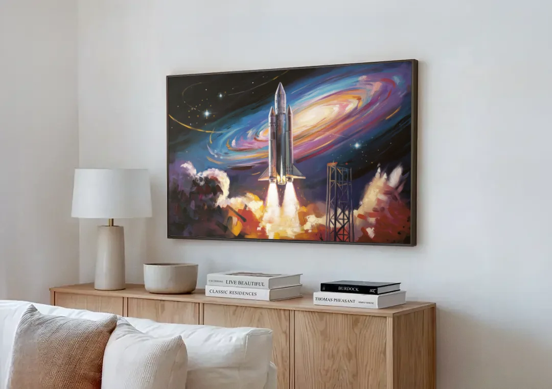 Huntsville Space Center Tribute canvas wall art above a wooden sideboard next to a sofa